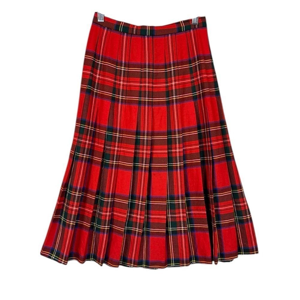 Vintage Nordstrom Wool Pleated Plaid Midi Skirt Lightweight Sz 6 Red Academia